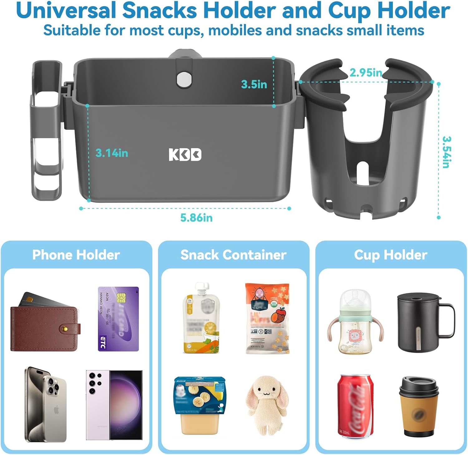 Stroller Cup Holder with Snack Tray, 3-in-1 Universal Stroller Tray with & Phone Holder, Removable Drink Holder, 360 Rotation Tray Attachment for Nuna, Wheelchair, Bike, Walker, Scooter (Grey)