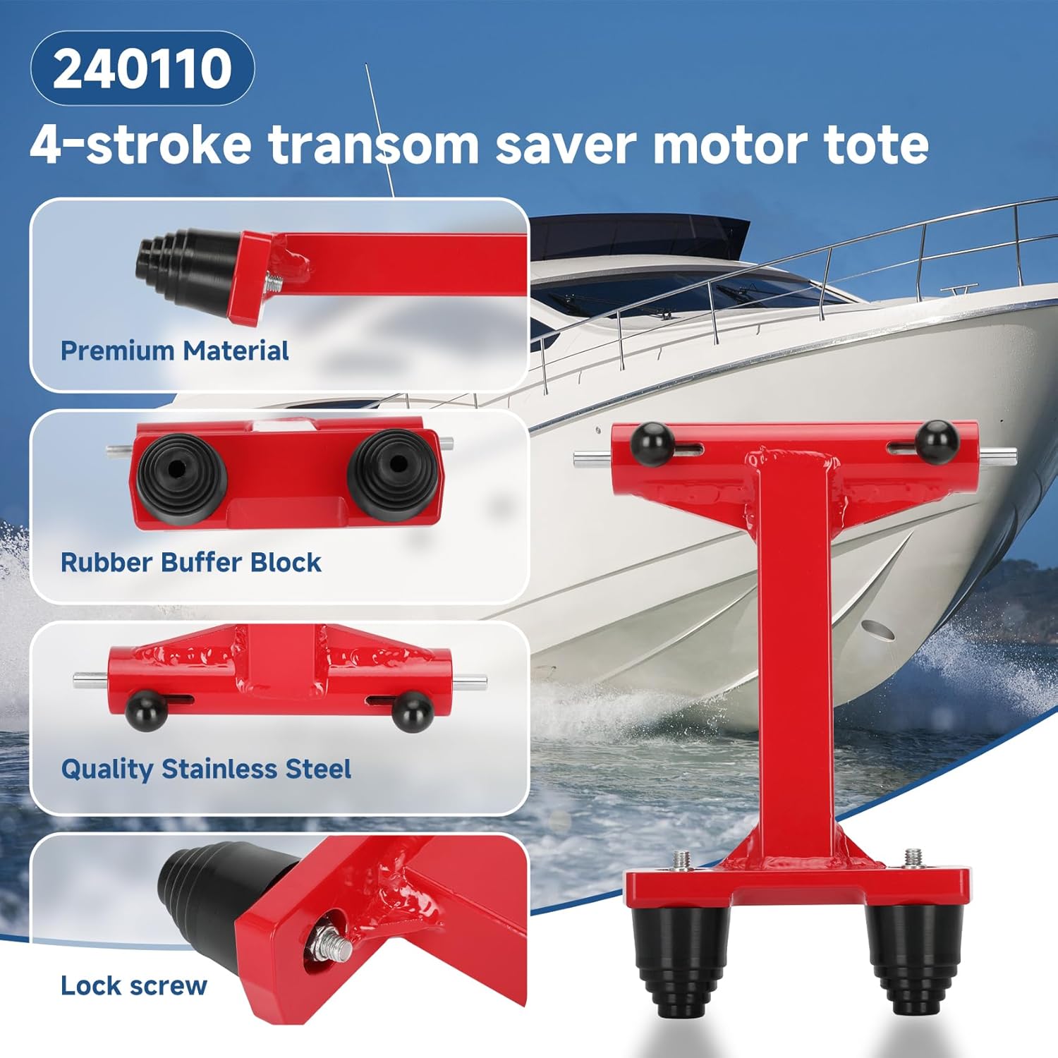 Iridesc 240110 4-Stroke Transom Saver Motor Tote, Compatible with Merc-Y 75/90/115/200/225/250/300HP & V6 175HP Engines, Red, Stainless Steel Frame, Transom Mount