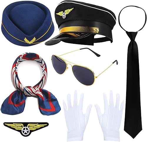 Conjunto de disfraz de piloto capitán, accesorios de azafata, sombrero de asistente de vuelo con gafas de sol y bufanda, disfraz de cosplay