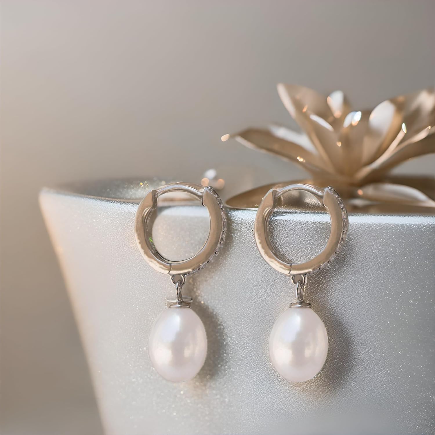 Handpicked Sterling Silver Huggie Drop Quality Freshwater Cultured Pearl Cubic Zirconia Earrings - Image 3