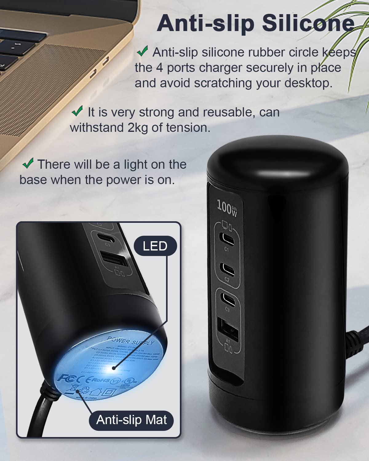 100W USB C Tower Charger 4-Port GaN - Compact, Space-Saving Design with USB-C & USB-A Ports for MacBook Pro/Air, USB-C Laptop, iPhone 14/13/12, Galaxy, Fold, Pixel Multiple Devices