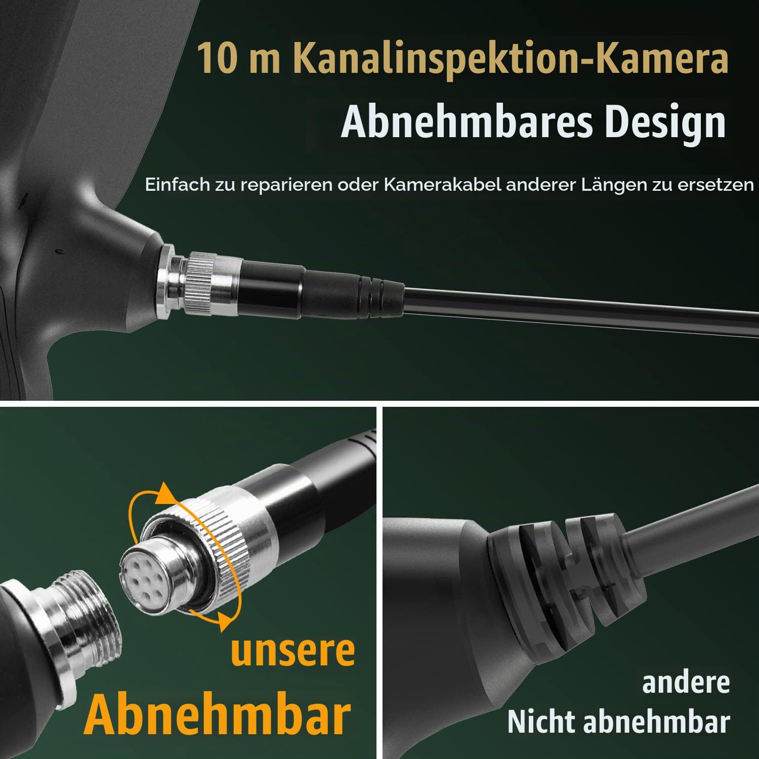 Endoskopkamera 10m mit Licht, 5-Zoll-IPS- Bildschirm DREI Linsen Endoskop, IP68 Wasserdicht Rohrkamera, 8mm Schlangenkamera, 1080P HD Digital Inspektionskamera, 32GB (Abnehmbares Kabel)