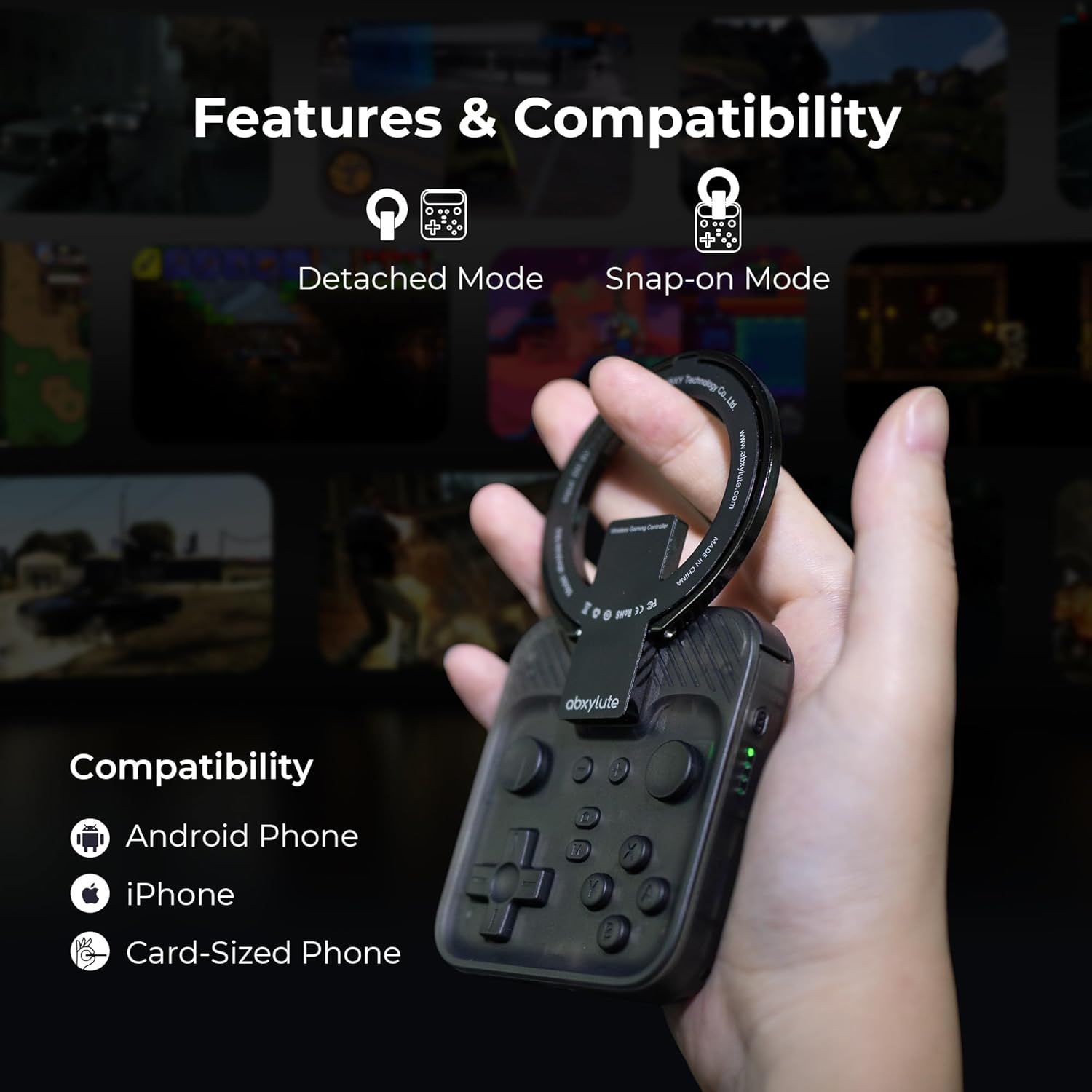 abxylute M4 Snap-On Mobile Gaming Controller for Android & iPhone, Switch 1&2, Portable Bluetooth Mini Controller, Pocket-Sized Retro Emulator Gamepad w/Stand, Dual Joystick Turbo Pro Gaming, Magnetic Black - Image 3
