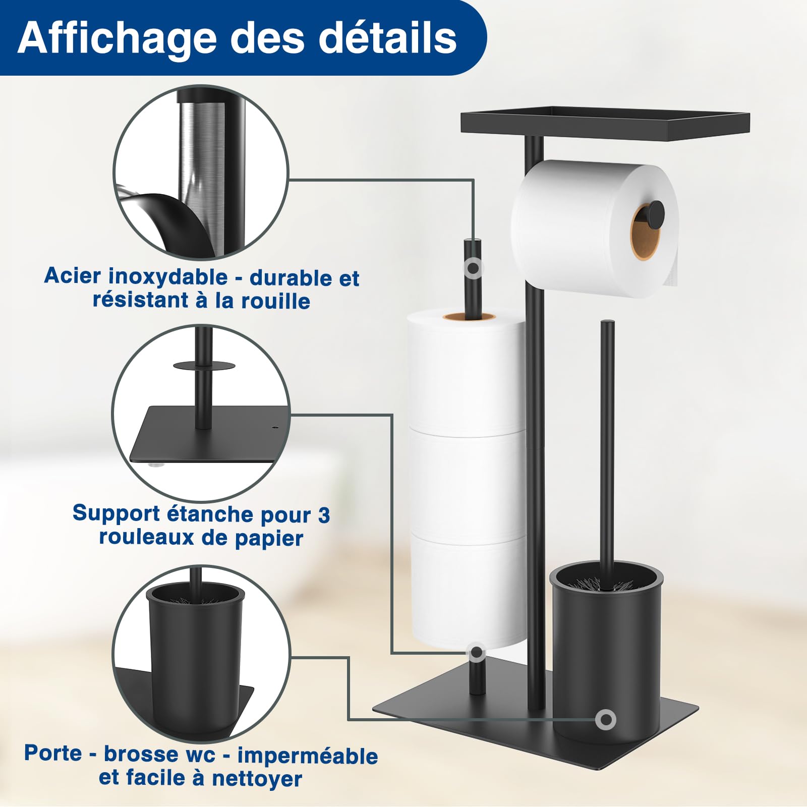 Porte-papier toilette debout en acier inoxydable avec brosse – avec boîte à lingettes humides, ensemble WC