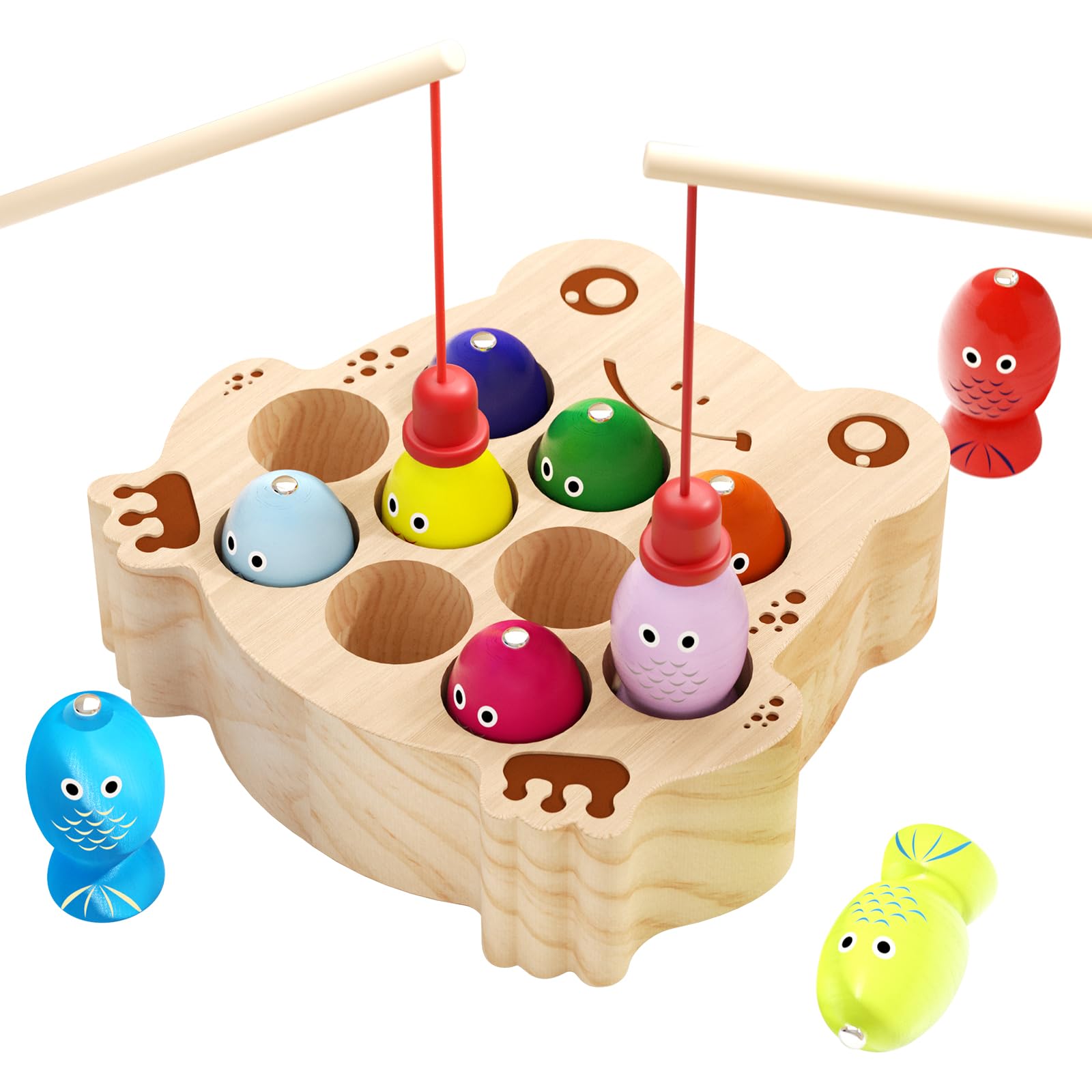 edutree Montessori Wooden Magnetic Fishing Game for Toddlers 1-3, Fishing Color Sorting Sensory Preschool Educational Learning Fine Motor Skills Toys for 2 3 4 Years Old Boys Girls