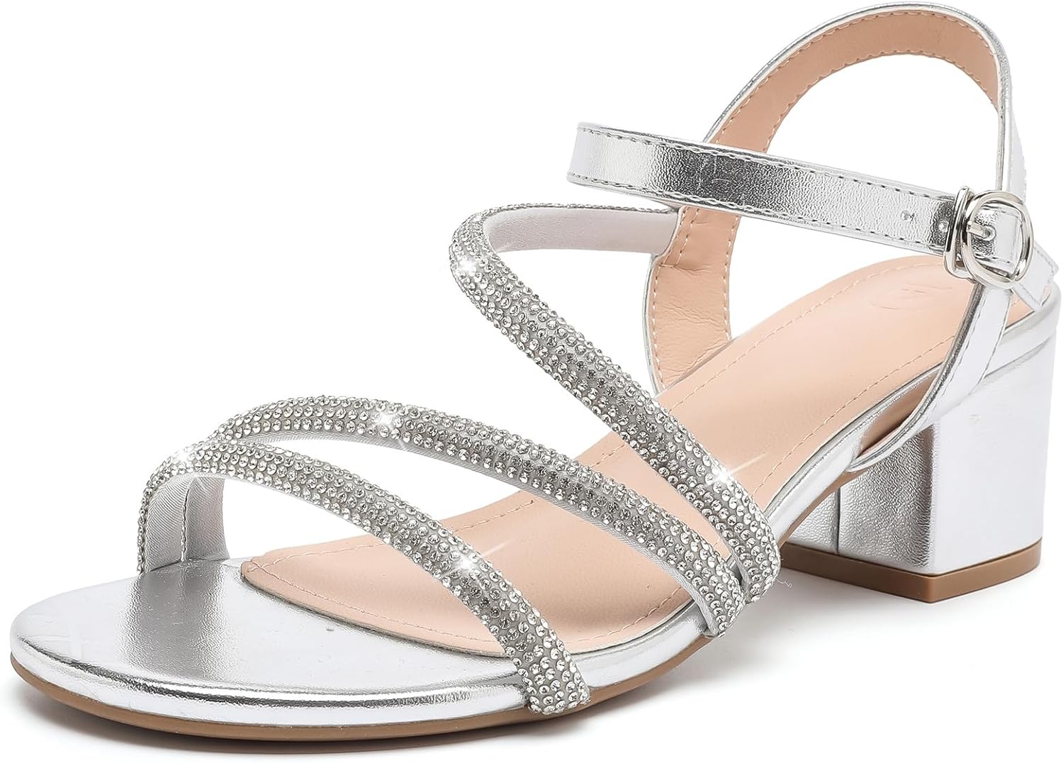 DADAWEN Women’s Strappy Open Toe Rhinestone Low Block Chunky Heels Sandals Ankle Buckle Heeled Sandals Wedding Party Dress Pumps Shoes