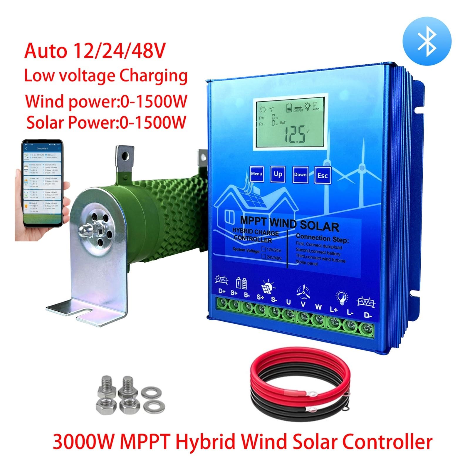 Hybrydowy Regulator Ładowania Słonecznego MPPT 12V 24V 48V PV Turbina Wiatrowa WIFI Do Akumulatora Litowo-ołowiowego Lifepo4(With out,Auto 24V48V,1KW)