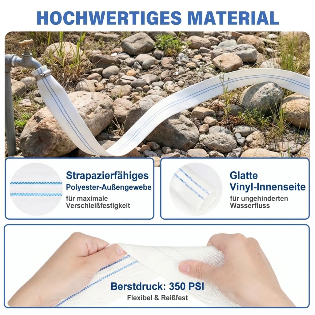 Gewebeschlauch Flachschlauch 38 mm x 20 m, Pumpenschlauch mit Schlauchschellen, Abwasserschlauch Industrieschlauch Ablaufschlauch für Schwimmbecken Filter Teich Garten Tauchpumpen