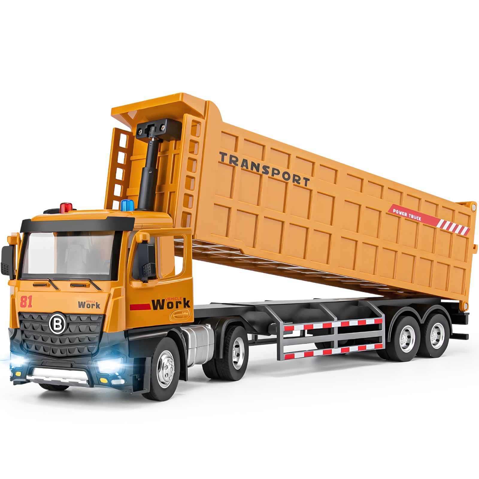 HAPYAD Dump Truck Toy for 3 4 5 6 7 Years Old Boys, Large Semi Truck with Metal Cab, Lights and Sounds, Friction Powered Tractor Trailer Car, Kids