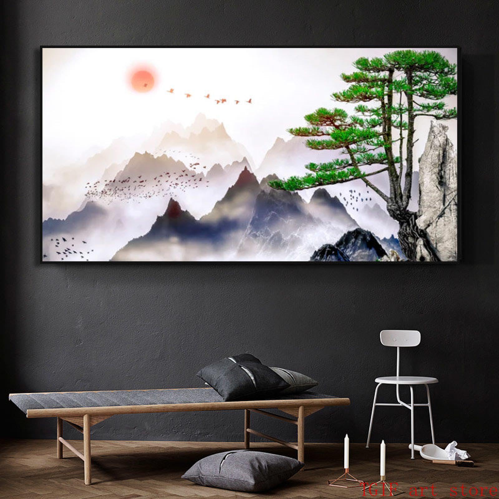 Dittelle Frameless Japanese Style Foggy Mountain Canvas Painting Art Minimalist Landscape Sunrise Bird Pine Tree Wall Art Picture Print Decor 40X80cm