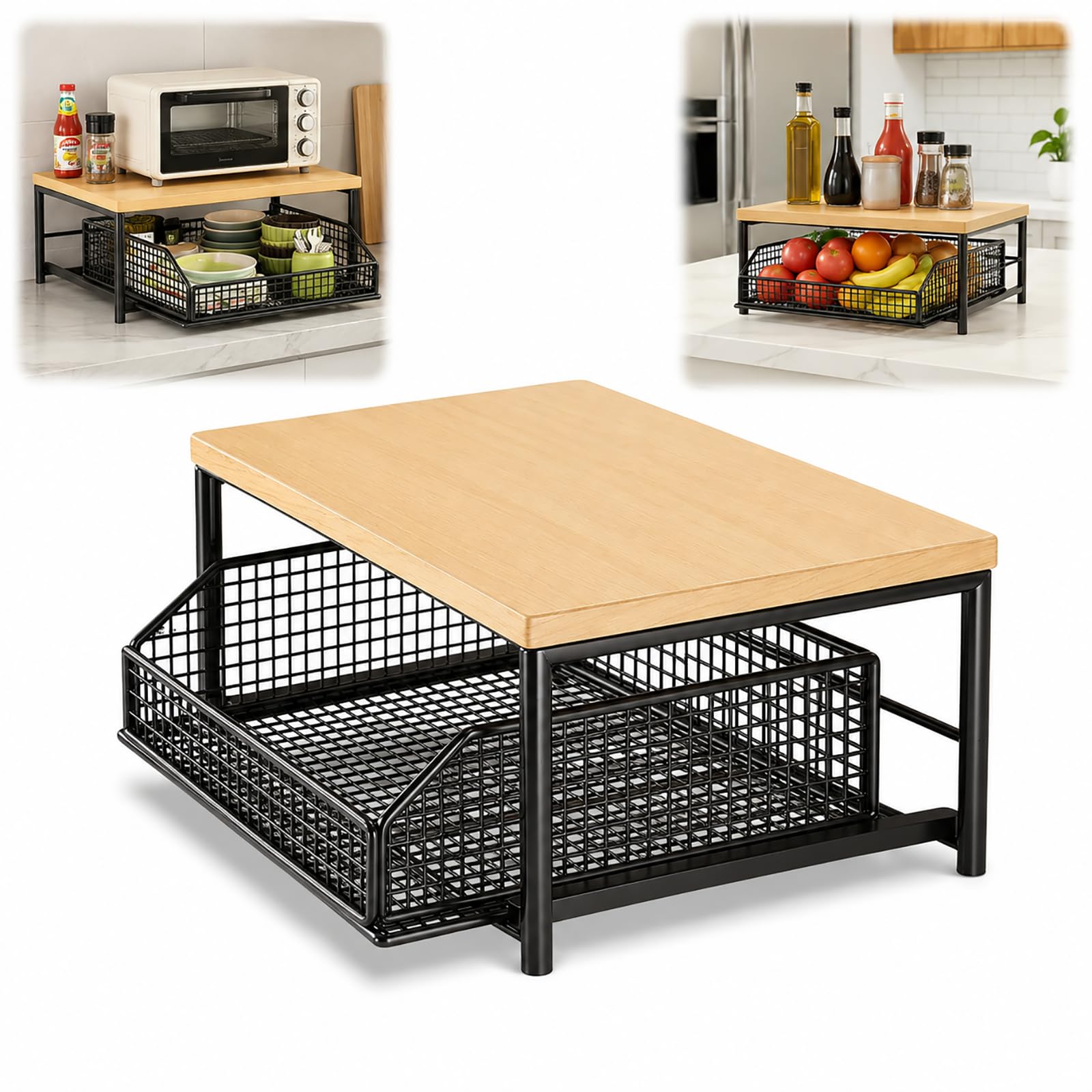 Kitchen Countertop Organizer with Drawer and Basket, Counter Top Storage Rack, 2 Tier Wooden Spice Shelf for Coffee Station, Condiments, Pantry, Bathroom, Desk,Black
