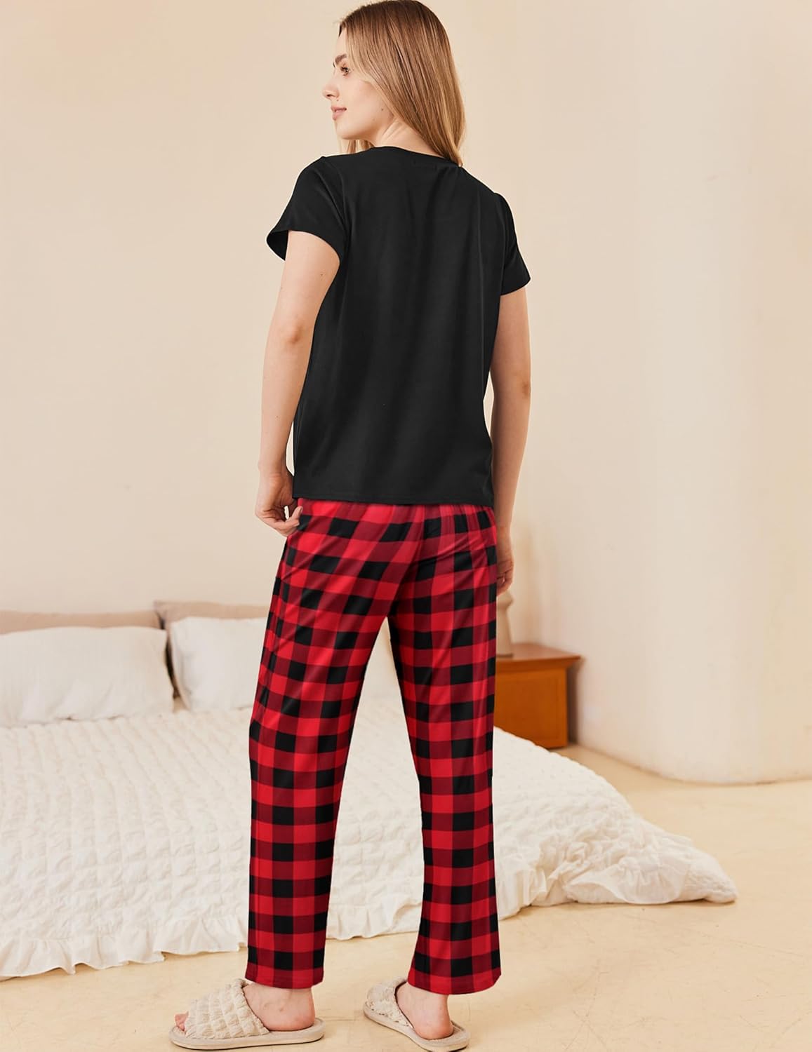 Ekouaer Pajama Sets for Women Round Neck Pjs Short Sleeve Sleepwear with Long Pants Loose Lounge Sets - Image 4