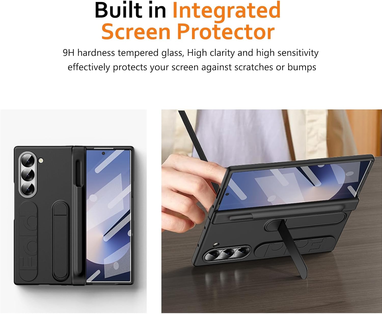 for Samsung Galaxy Z Fold 6 Case with Finger Strap, [Includes S Pen Holder & Stylus] Z Fold 6 Hand Strap Case Full Coverage Screen Protector Hinge Protection Wristband Cover for Z Fold 6 Black