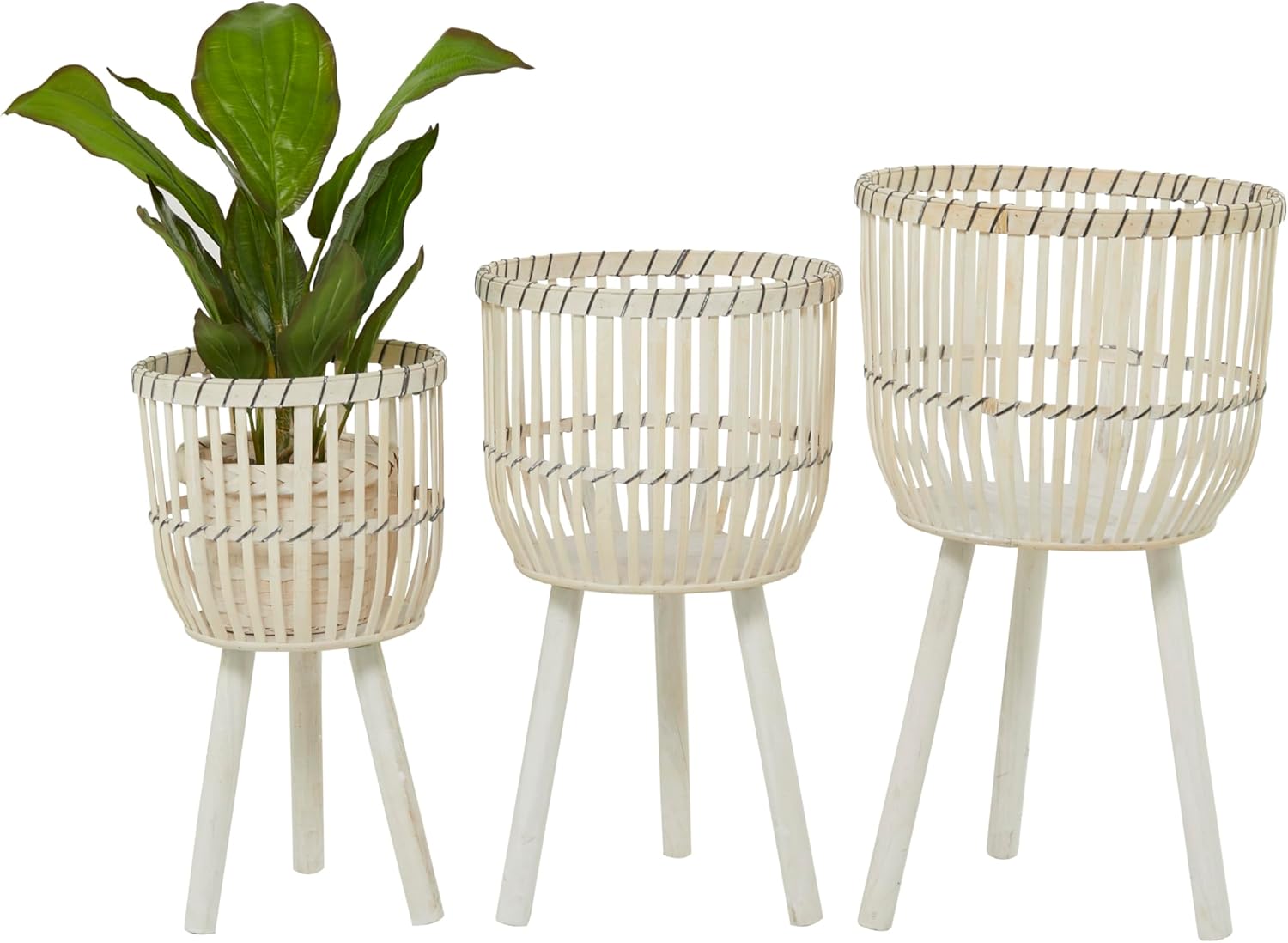 Deco 79 Bamboo Wood Handmade Indoor Planter Large Planter Pot, Set of 3 Planters 26", 23", 20"H, White