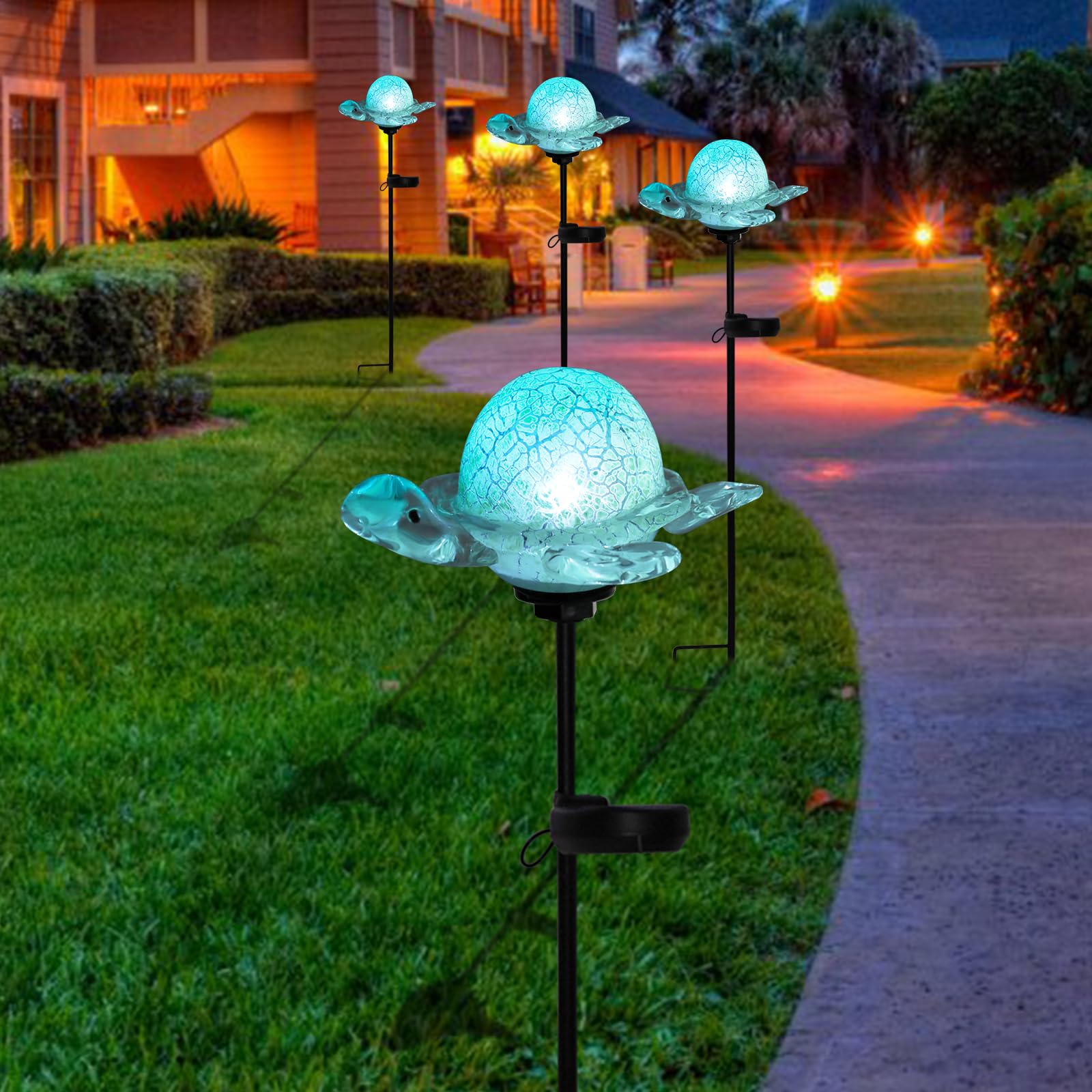 Bshine Luces solares de jardín decorativas al aire libre – Estaca solar de tortuga, estaca de vidrio soplado a mano, luces decorativas de camino para jardín al aire libre, césped, patio