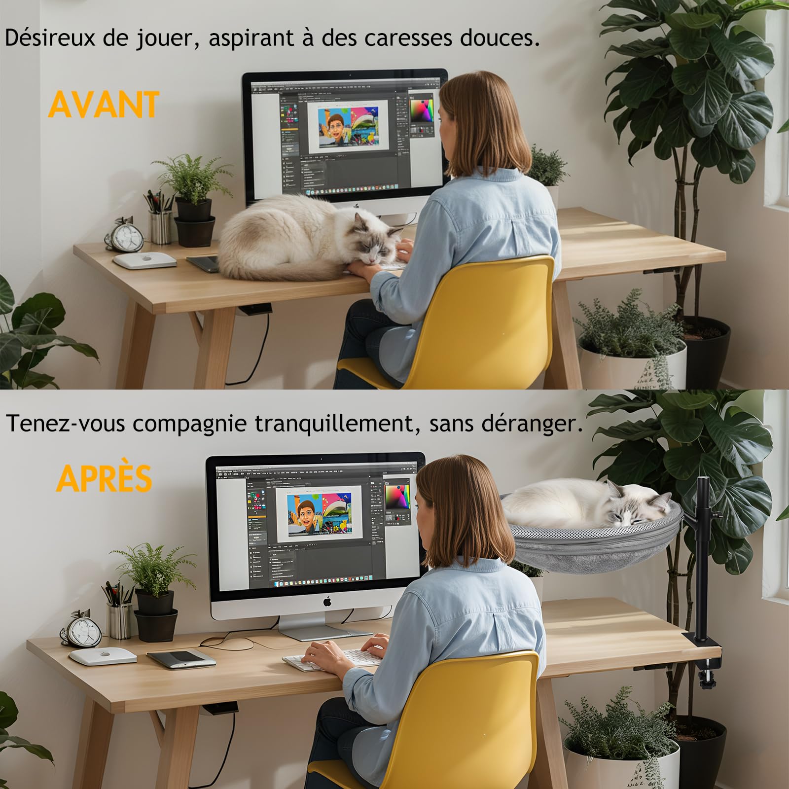 lit de Bureau pour Chat 360 ° Hauteurs supérieure et inférieure réglables Lit de Bureau d'hiver d'été Hamac pour Chats Tapis de hamac pour Votre Bureau