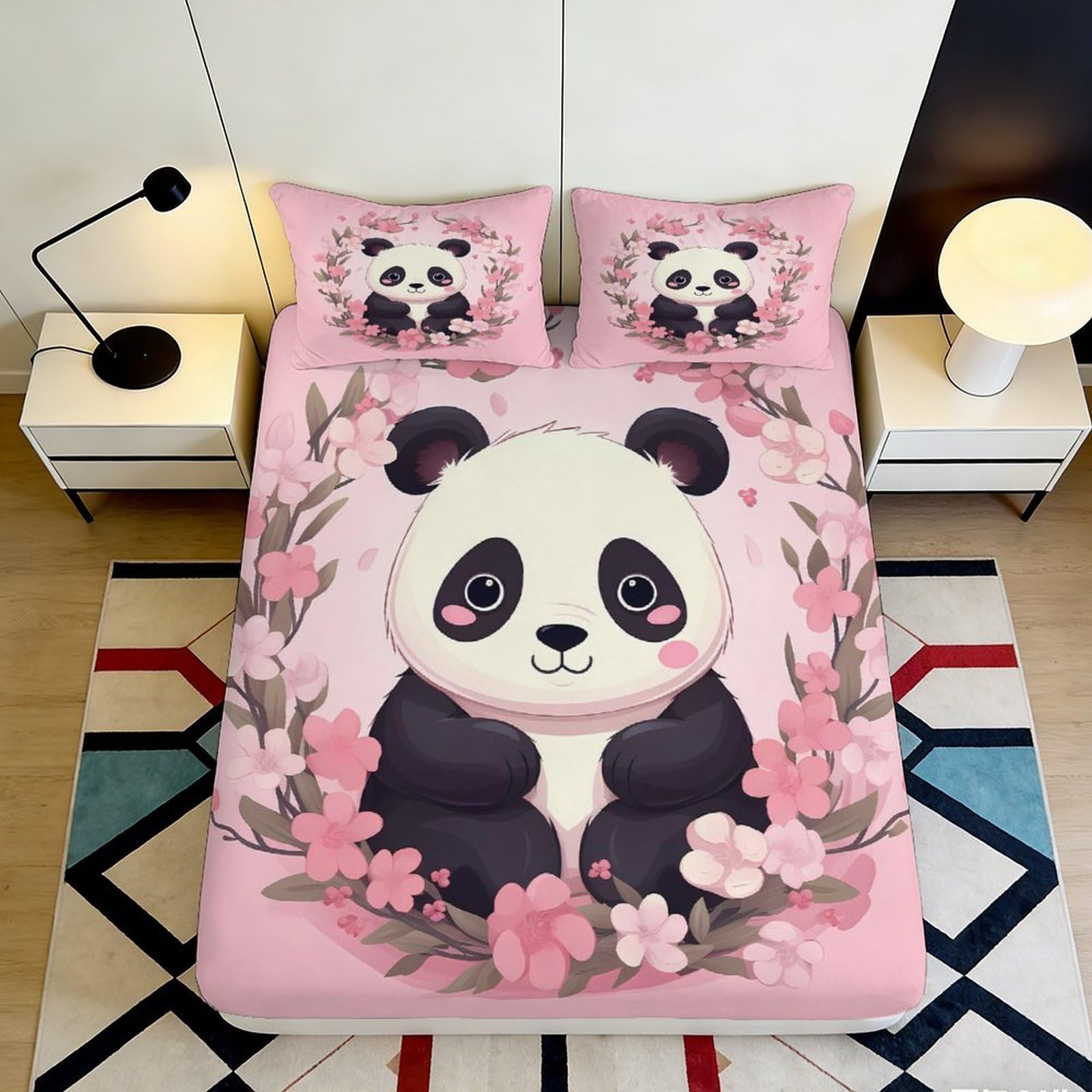 3D Printed Cartoon Panda Fitted Sheet Microfiber Deep Pocket Bedroom Bedding Panda Mattress Fitted Cover Non-Slip Washable 200x200x25cm