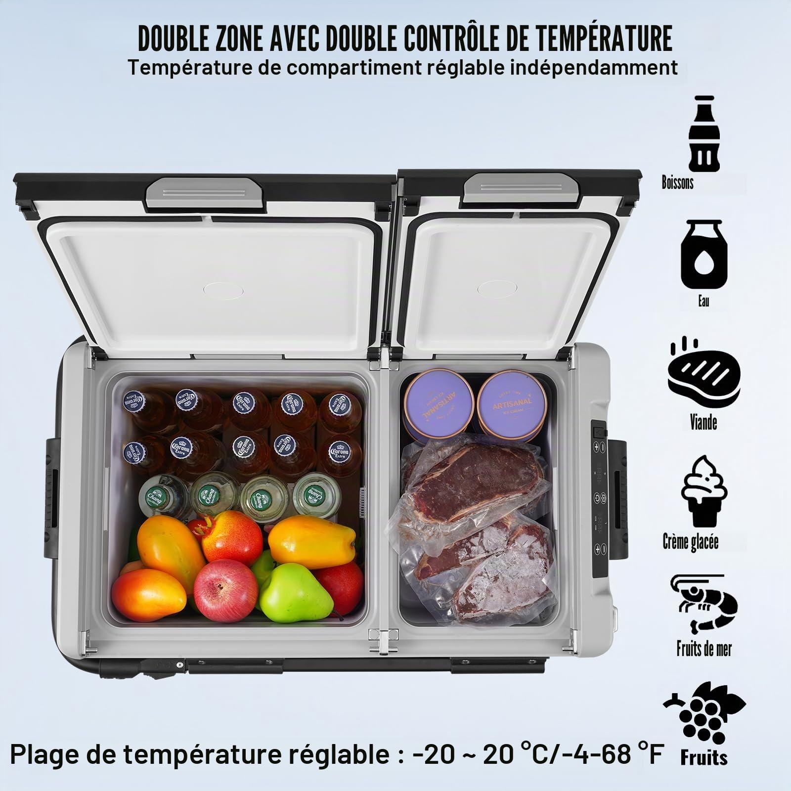 VEVOR Réfrigérateur Portable 58 L, Mini Frigo de Voiture su Roulettes 12 V, Glacière à Double Zone Température Réglable -20 °C à 20 °C, Congélateur à Compression pour Maison Camion Bateau Camping