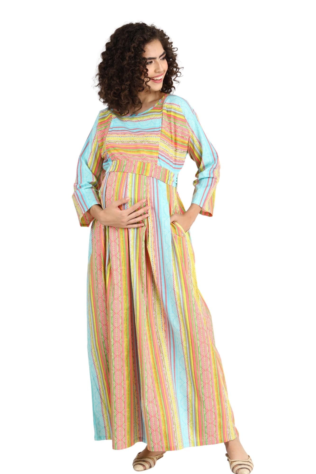 Colorful Pink Maternity & Nursing Maxi Dress (100% Cotton) for Women-image-46