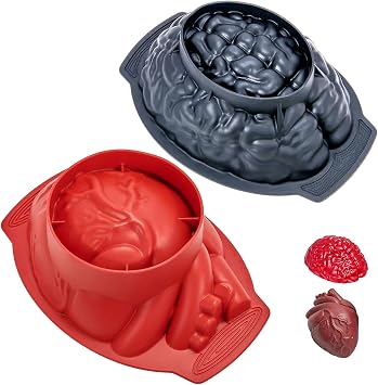 Brain and Heart Cake Mold, 2 Pack Halloween Silicone Molds, Large Volume Baking Mold with Support Base for Halloween Cake Candy Chocolate Jelly or Pudding