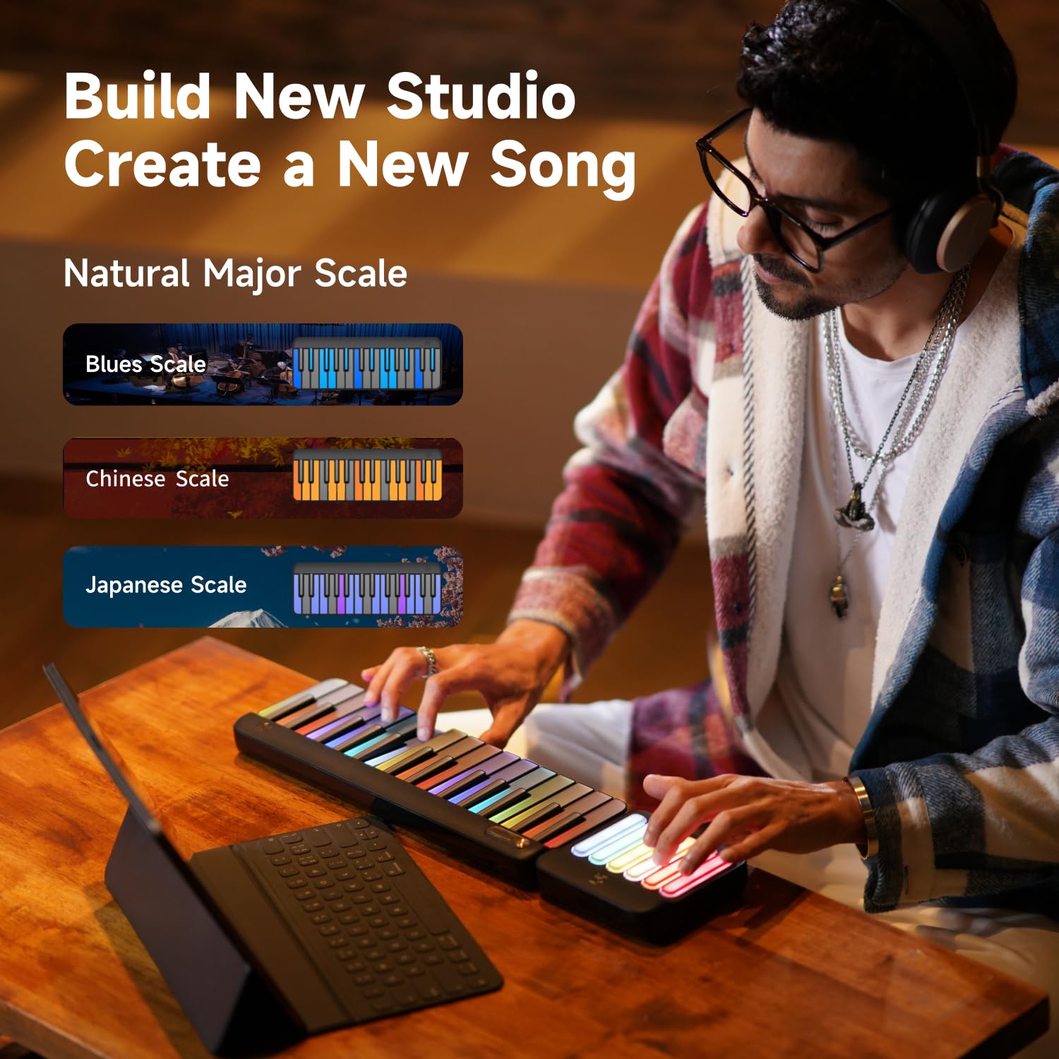 PopuPiano Smart Piano Keyboard - Rainbow Lights Keys, Interactive App Lessons for Beginners, 256+Tones, 100+ Chords Polyphony, MIDI Controller, AIGC Composition, Portable Expandable Keyboard Piano