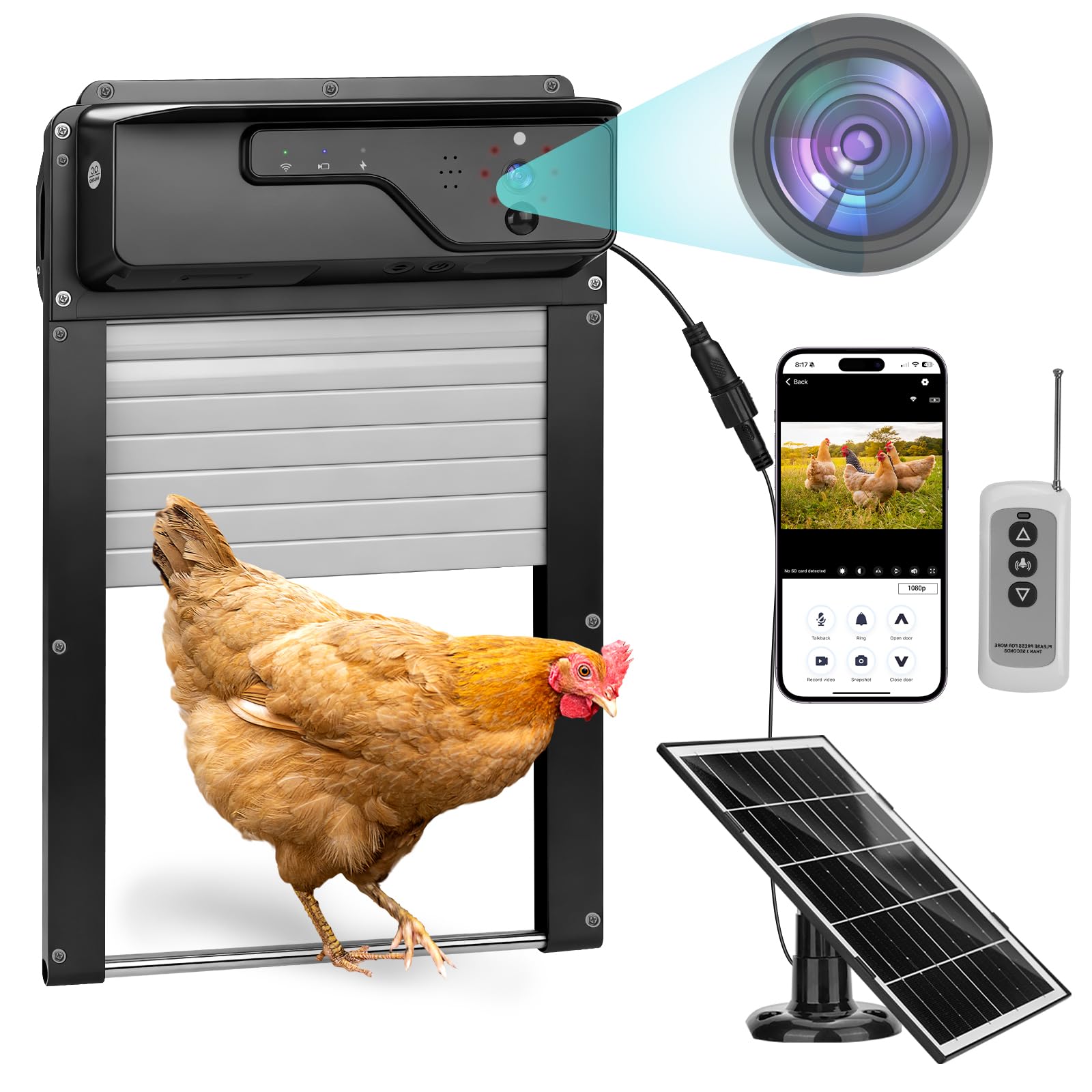 Puerta Gallinero Automatica Solar con Cámara 1080P, Control por Aplicación y WiFi, Visualización Estado Puerta en Tiempo Real, Función de Aviso sonoro y Temporizador, Batería 5000 mAh