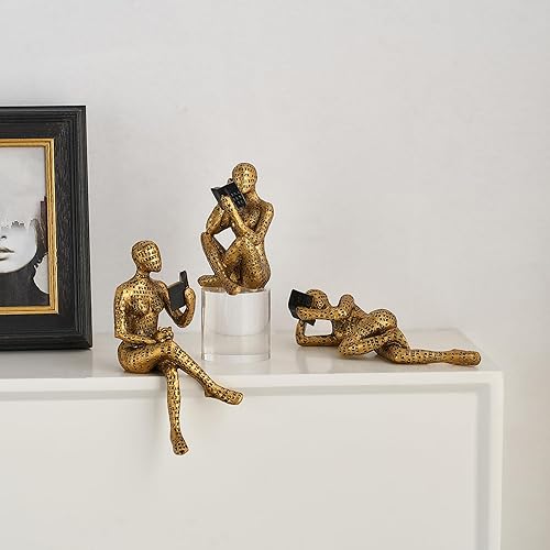 Miniatura 2 de FJS - Estatua de pensador de decoración dorada escultura de arte abstracto juego de 3 figuras coleccionables de resina dorada para decoración del