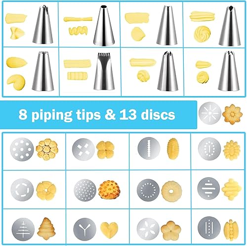 Miniatura 4 de Hendiy Prensa de galletas, kit de pistola de prensa de galletas de acero inoxidable con 13 discos de galletas y 8 puntas de tubería para hornear