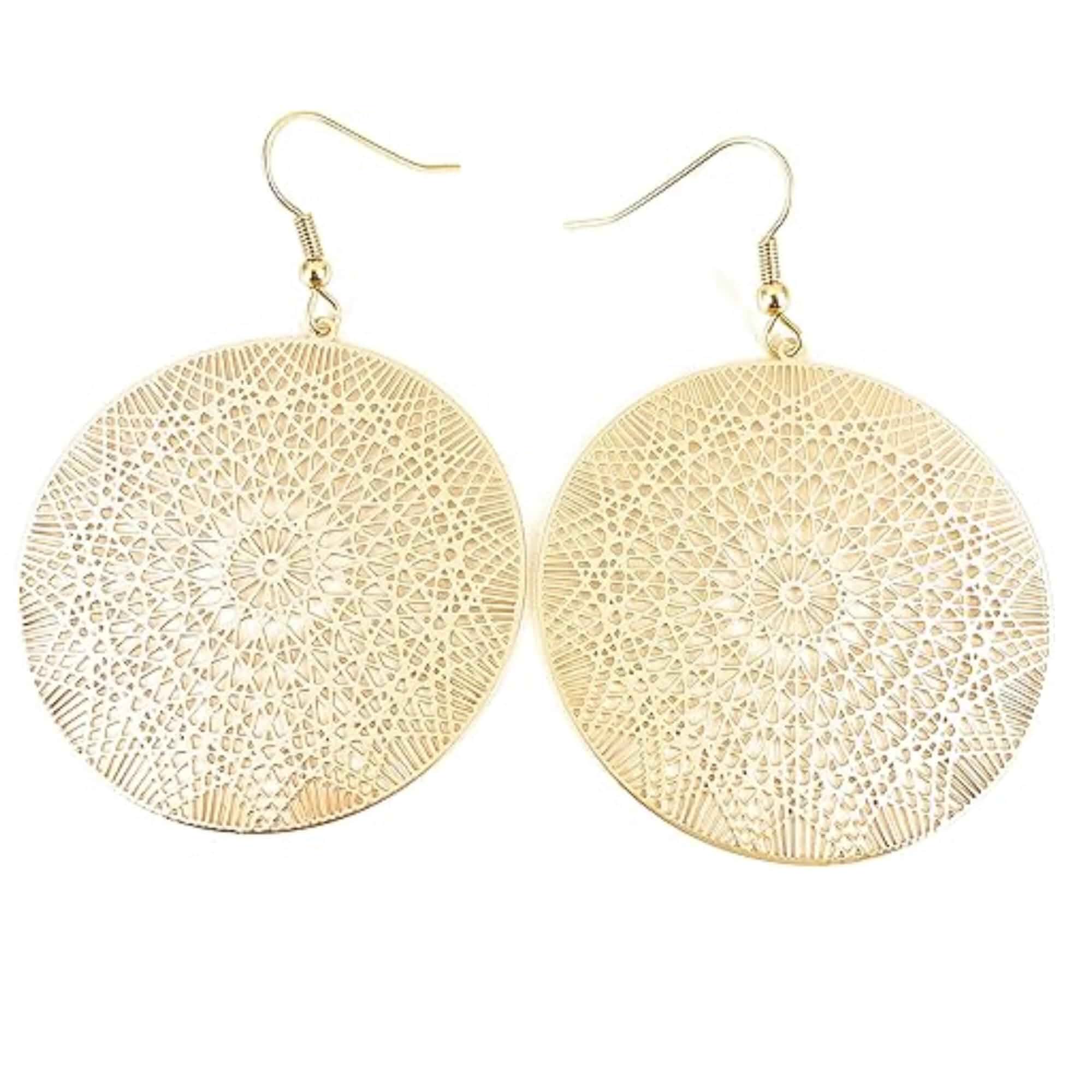 Gold Filigree Earrings for Women, Boho Large Round Disc Drop Dangle Lightweight Antique Gold-Tone Brass Statement Jewelry with a Cutout Medallion Style for Everyday, Casual, and Evening Wear