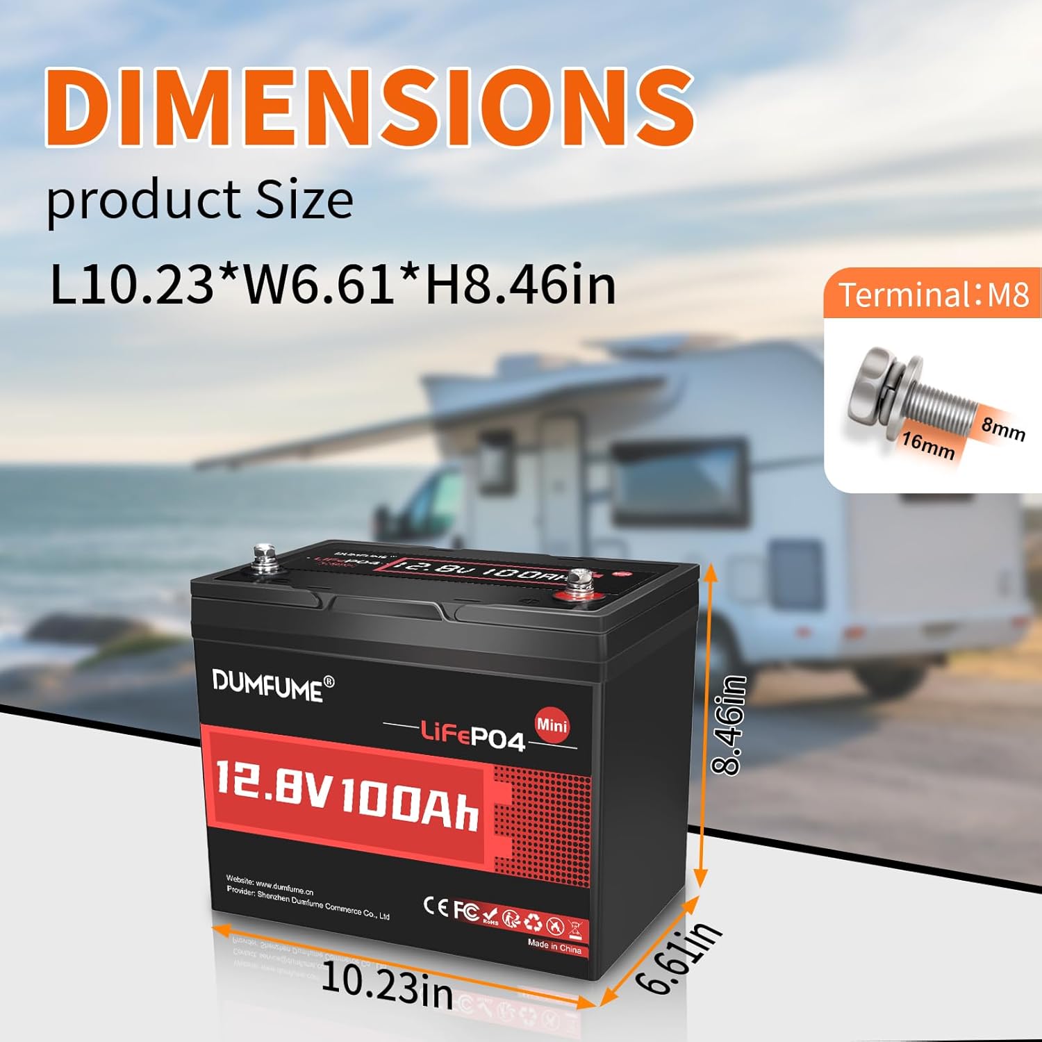 Diagram showing the dimensions of the dumfume 12.8V 100Ah battery: 10.23 inches length, 6.61 inches width, and 8.46 inches height, with M8 terminals.