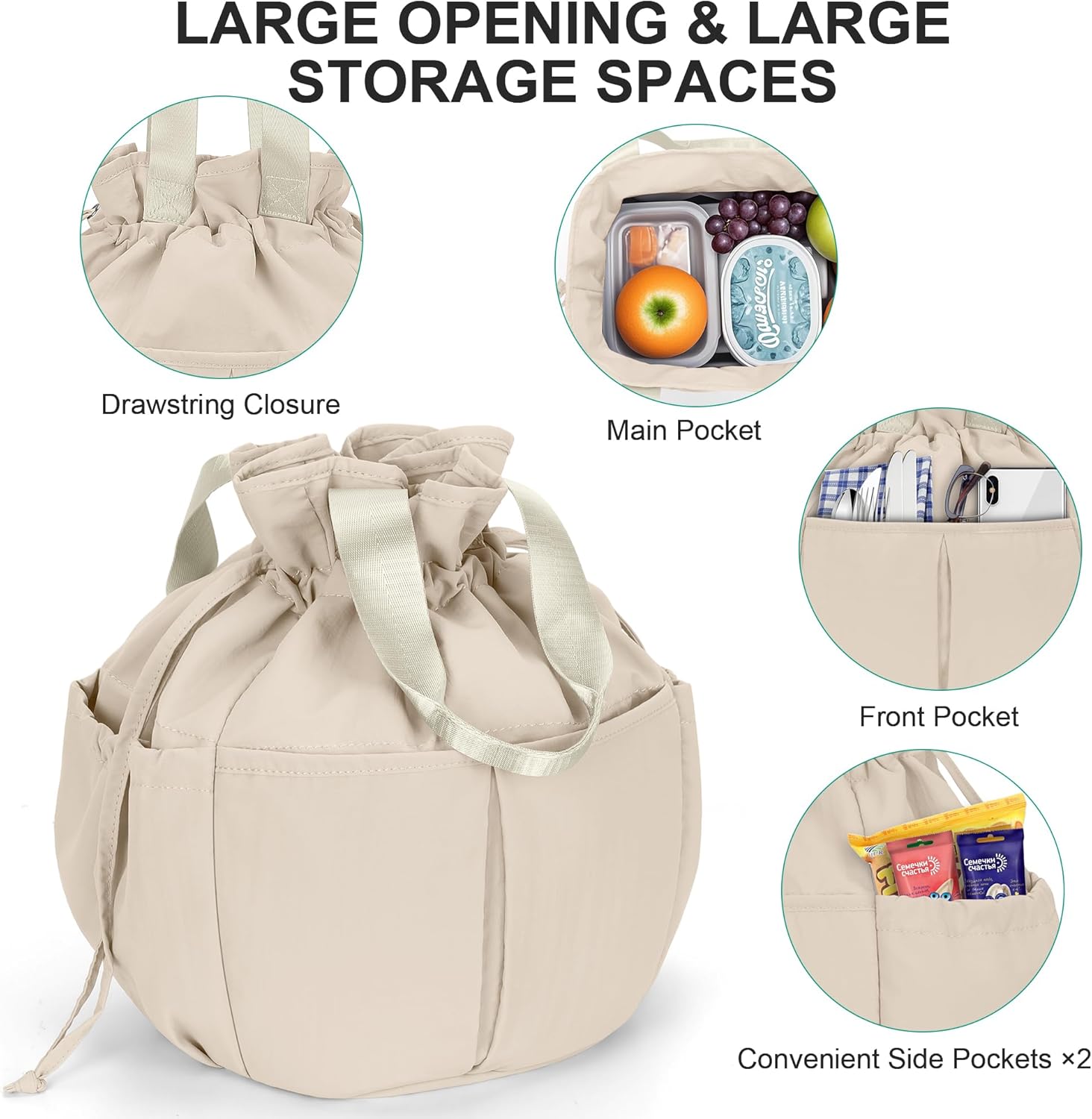 Hafmall 10L Cute Lunch Bag for Women, Large Drawstring Lunch Tote Lightweight Lunch Box for Work Travel, Loncheras para Mujer, Beige