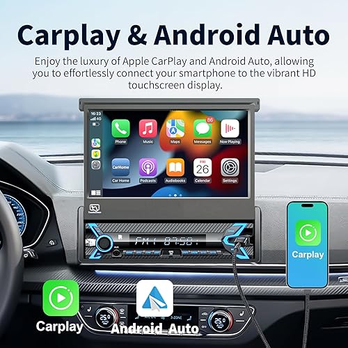 Miniatura 2 de Reproductor estéreo de coche de un solo DIN compatible con Apple Carplay y Android Auto  7 pulgadas en pantalla táctil de tablero MP5 con Bluetooth,