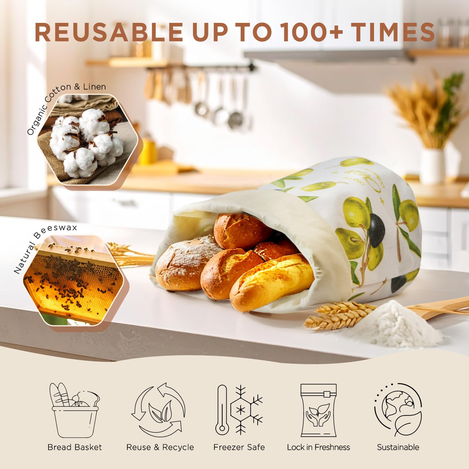 Lot de 1 sac à pain en cire d'abeille pour levain, sacs à pain faits maison réutilisables en lin et coton avec joint en cuir, sac de rangement au levain pour offrir
