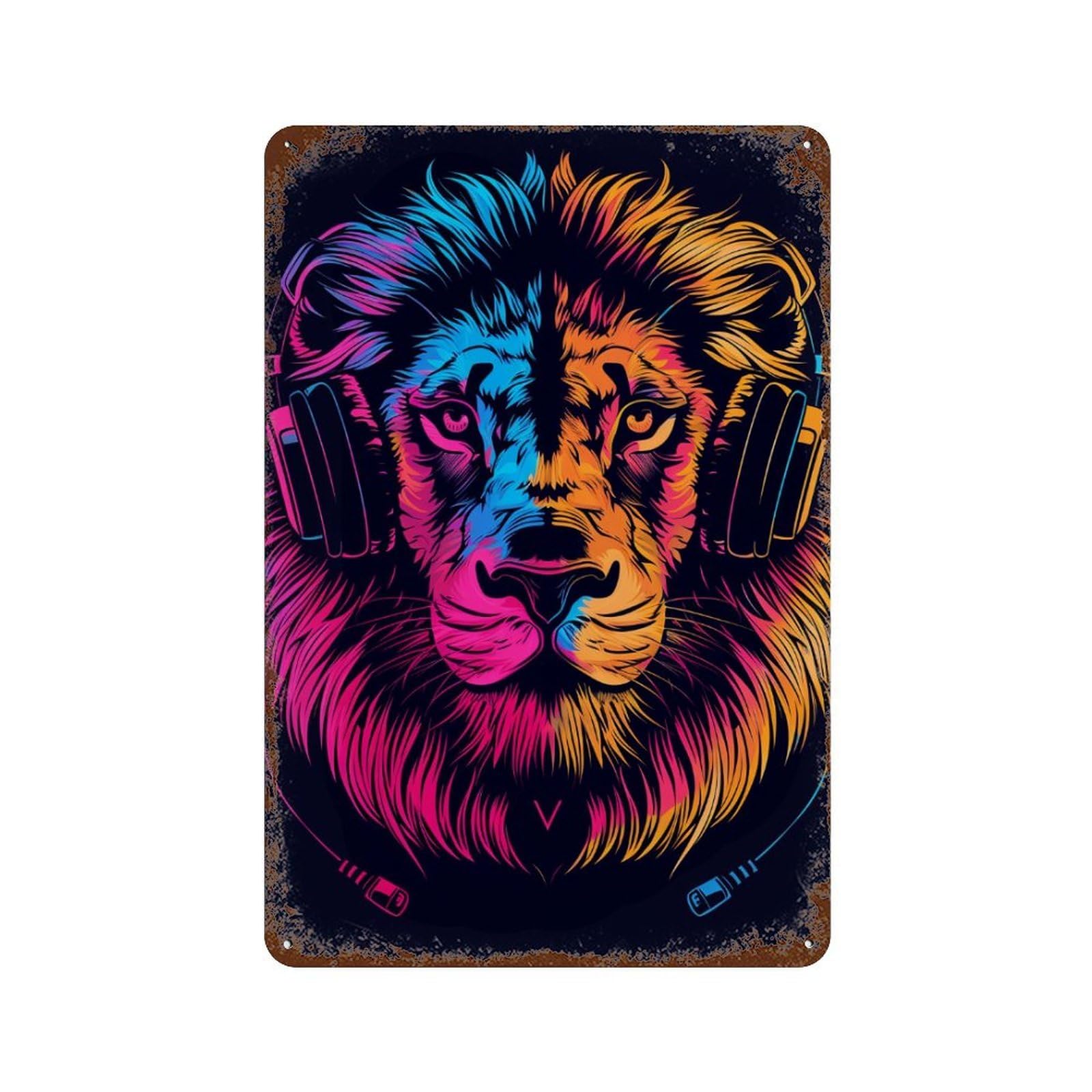 Garage Style Colorful Lion Headphones Art Aged Metal Wall Plaque 11.8"x7.9", Novelty Wall Decor for Bar And Workshop