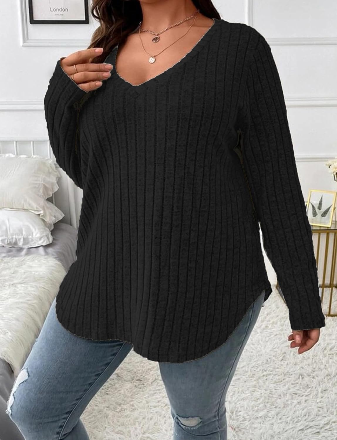 Women Plus Size Casual Knit V Neck Lightweight Long Sleeve Sweaters XL-5XL - Image 2