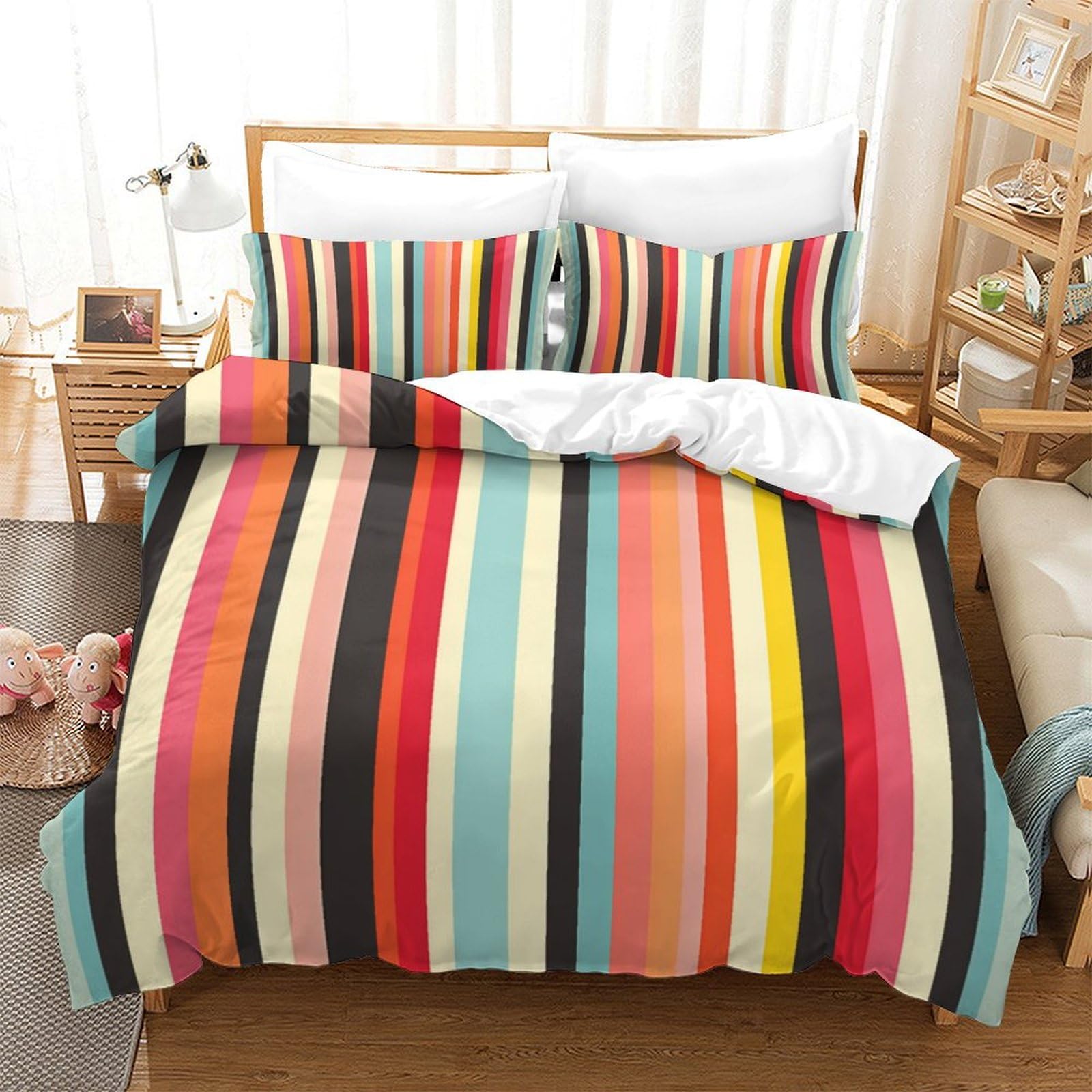 P1S9U7W5Y 3D Printed Colorful Striped Duvet Cover Set 3pcs Microfiber Rainbow Stripe Bedding Set King（220x240cm）