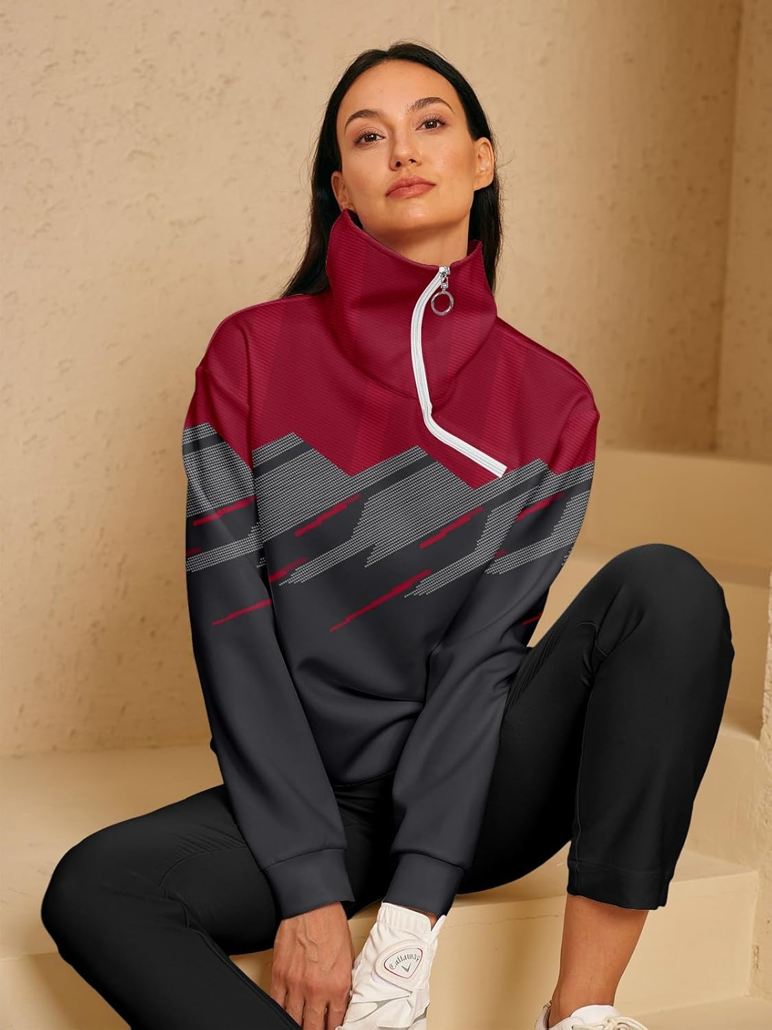 ACEGOLFS Womens Quarter Zip Golf Sweatshirts Casual Long Sleeve Turtleneck Pullover Sweaters Loose Printed Ladies Workout Top - Image 2