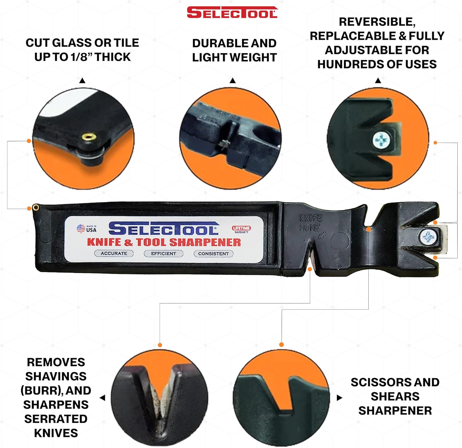 Selectool Tool and Knife Sharpener MultiTool Blade Sharpener for Kitchen Knives with Training Knife, Pocket Knife, Tools, Scissors, Axes & More, EDC Gadgets for Outdoor Hunting, Made in USA, 1 pc