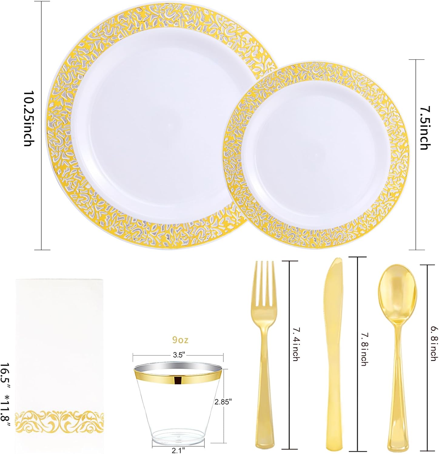 wellife 210pcs gold plastic dinnerware - disposable silverware and cups, include:30 dinner plates, 30 dessert plates, 30 paper napkins, 30 cups, 30 gold plastic cutlery set for party and wedding gold 210pcs?30guests?