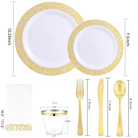 WELLIFE 210Pcs Gold Plastic Dinnerware - Disposable Silverware and Cups, Include:30 Dinner Plates, 30 Dessert Plates, 30 Paper Napkins, 30 Cups, 30 Gold Plastic Cutlery Set for Party and Christmas