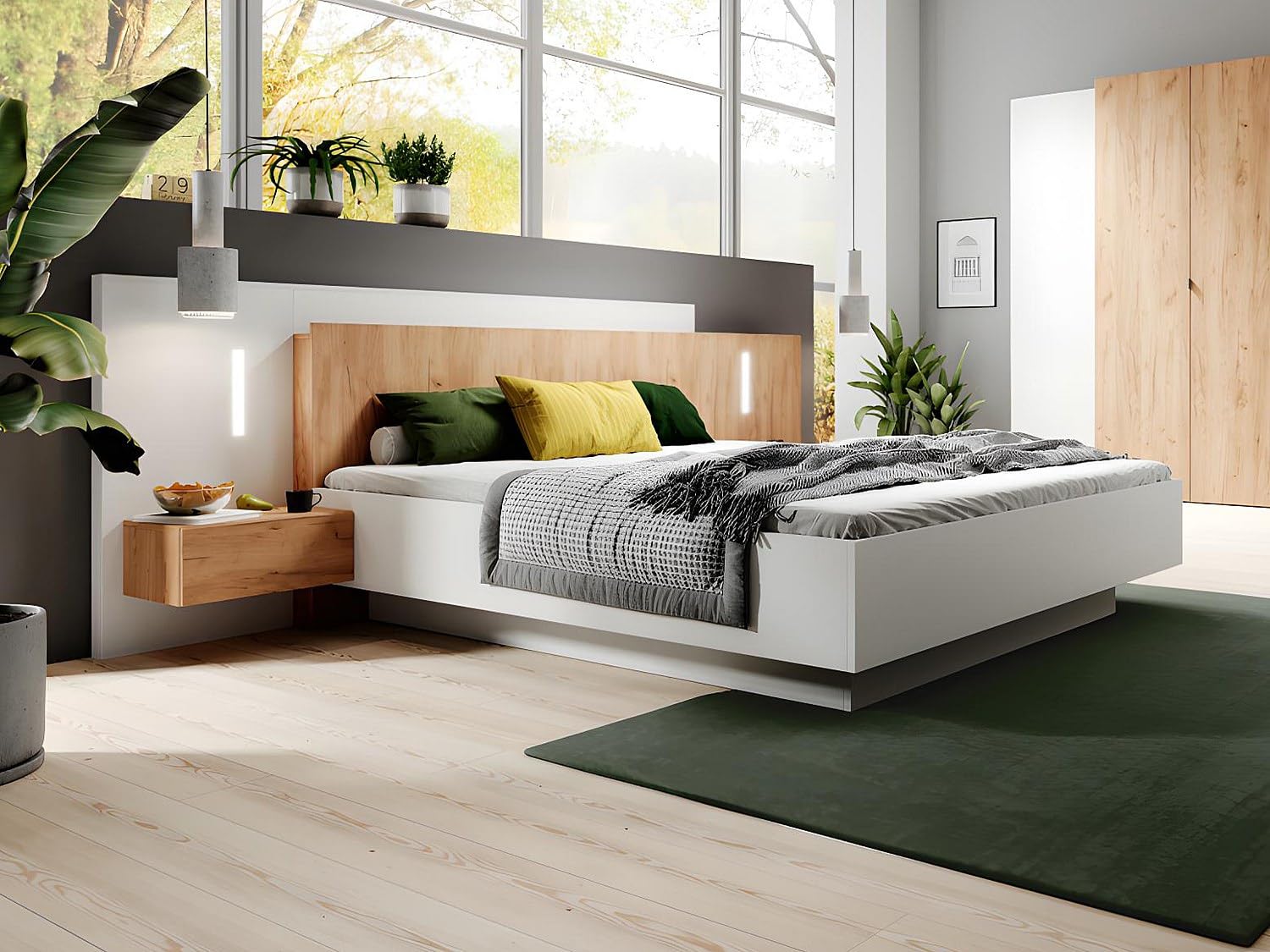 Vente-unique - Lit avec chevets 160 x 200 cm - 2 tiroirs - avec LEDs - Coloris : Blanc et Naturel - FRANCOLI