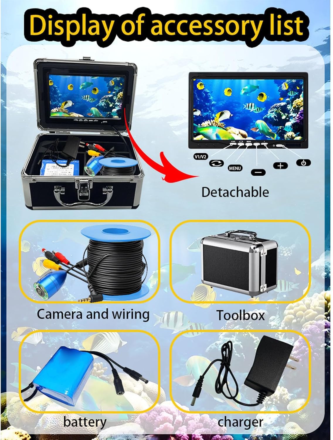 Underwater Fishing Camera Kit, 5MP 1080P HD 7 Inch LCD Monitor Portable Fish Finder Water Proof Fishing Camera with 98.4ft Cable 8 LEDs Light for Ice Fishing Boat Fishing Kayak