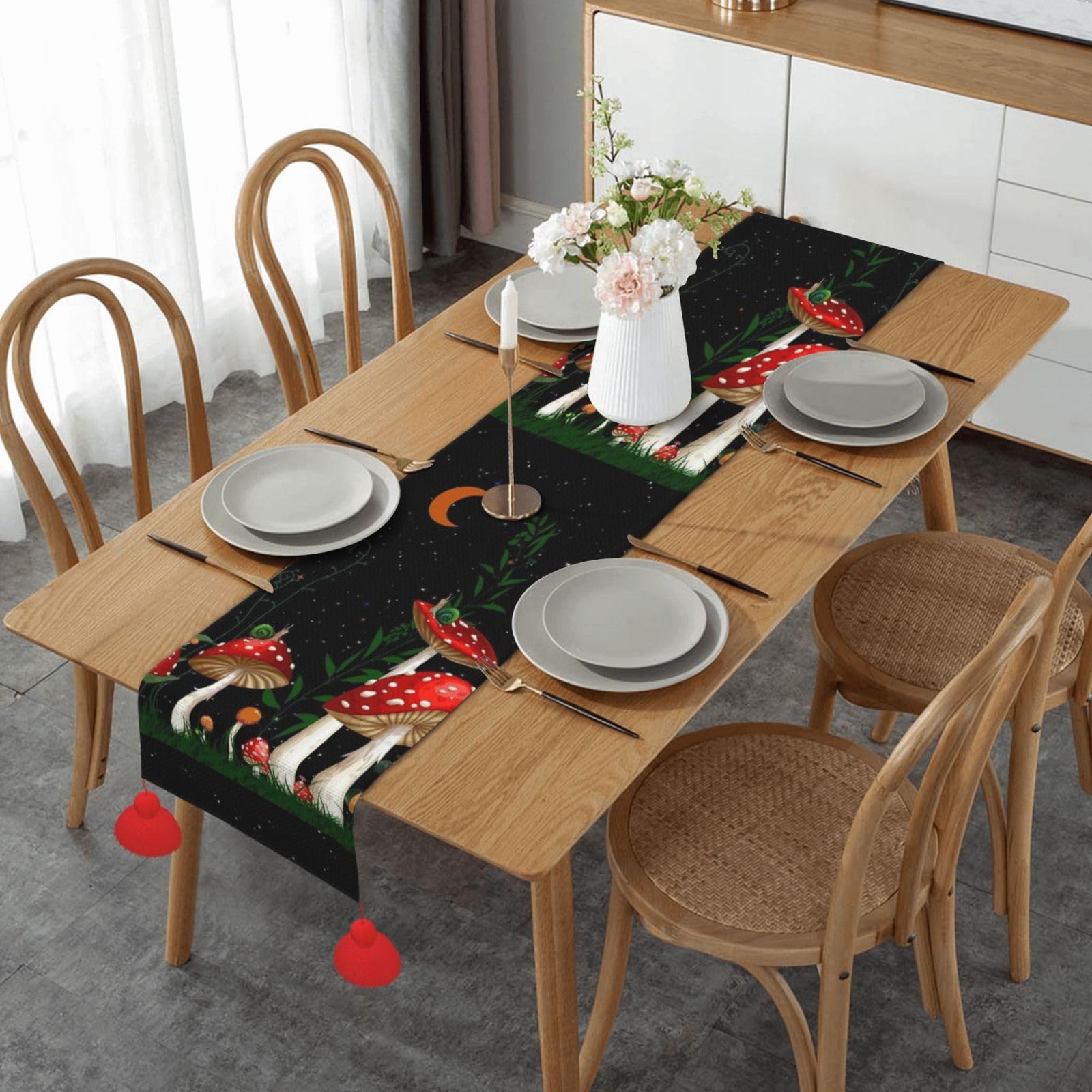 Chemin de table de Noël lin imprimé lune et champignon rouge