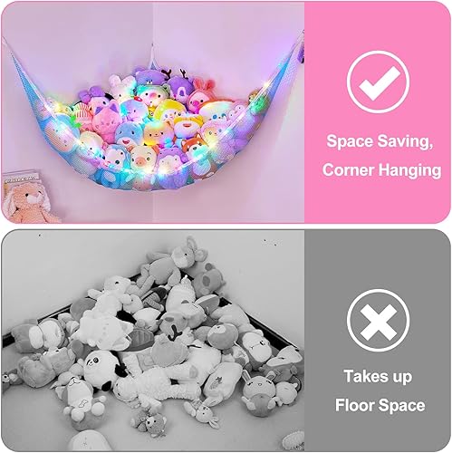 Miniatura 3 de Basumee Red de Animales de Peluche o Hamaca con Luz LED Red Colgante para Juguetes Hamaca para Almacenamiento de Animales de Peluche Hamacas de