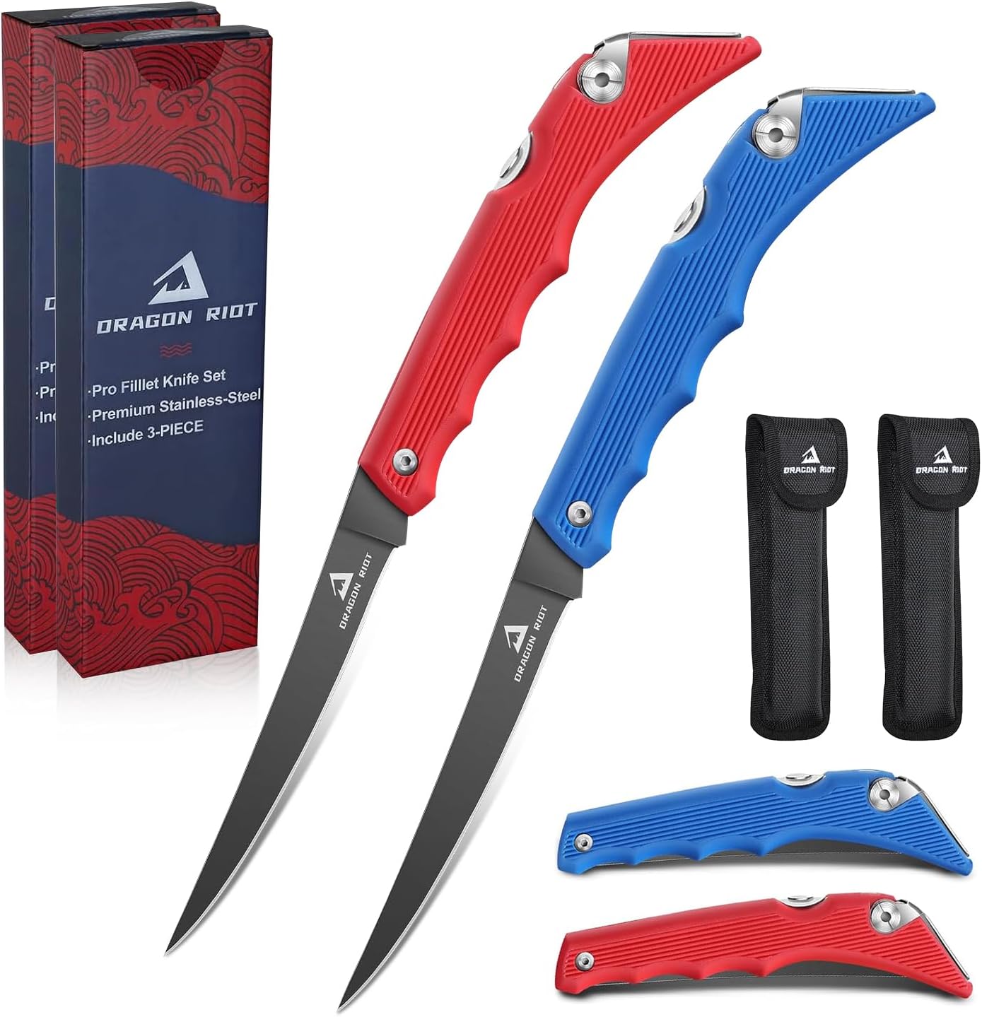 DRAGON RIOT Folding Fillet Knife Set for Fishing Camping Hunting, Boning Knife for Meat Cutting and Carving with a Easy Carrying Bag