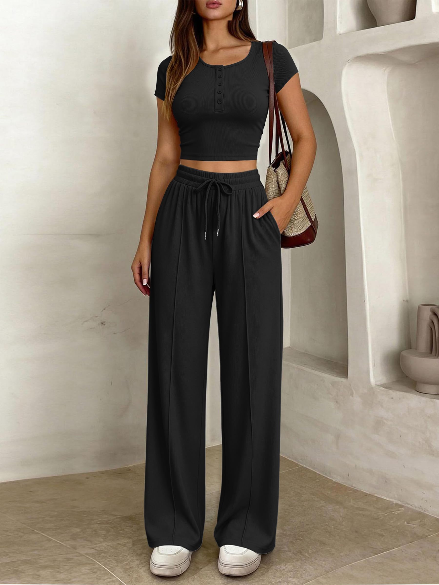 JFAN Ensemble Femme 2 Pièces Casual de Sport Slim Fit Short Sleeve Top et Cordon Pantalon avec Poches Loungewear Chic Outfit Été Automne Survêtement Suit
