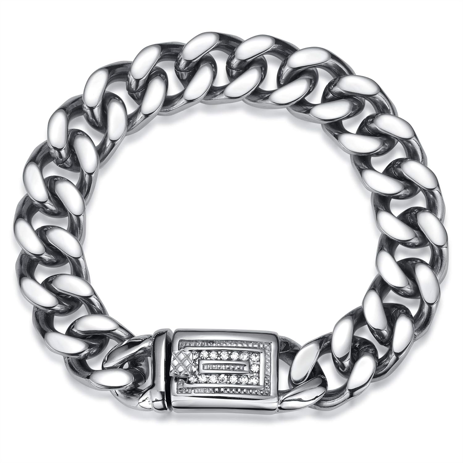 ROWIN&CO Cuban Link Bracelet Mens Silver White 15mm Thick Stainless Steel Curb Chain Bracelet, Hip hop Jewelry Wrist Chain, with Diamond Clasp, 8-9 inch.