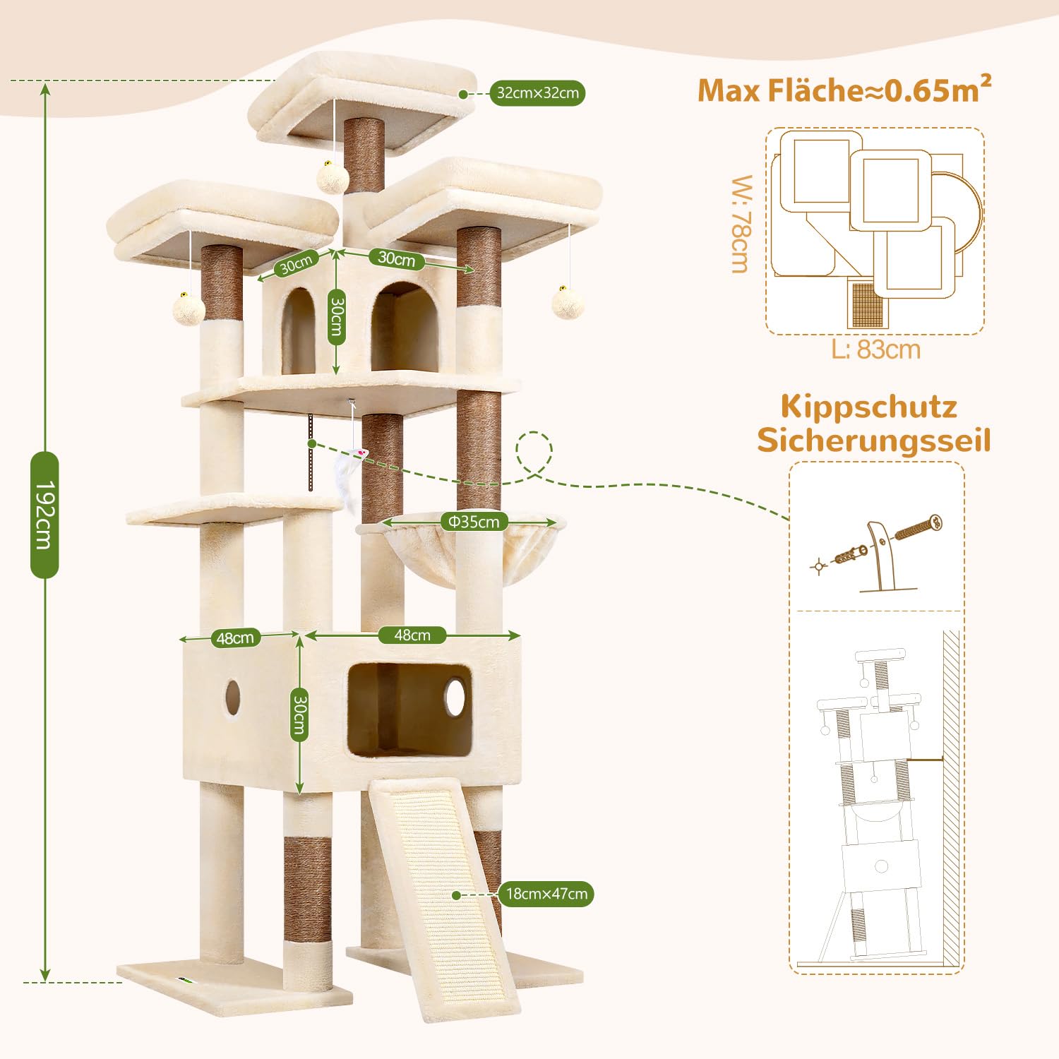 Globlazer Kratzbaum XXL Beige für Große Katzen 192 cm Stabil Katzenbaum F75 | Extragroß Katzenhäuse, 3 Gepolsterte Sitzstangen, Sisal Kratzbrett, für Kätzchen Schwere Katze, Einfach Montieren, Innen