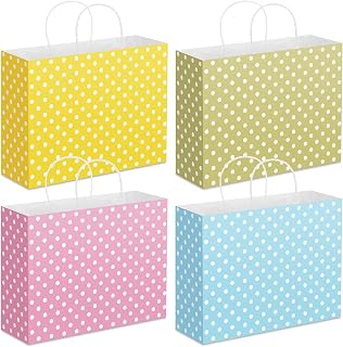 Gueevin 24 Piece Large Pastel Gift Bags with Handle 12.5 x 10 x 4.5 Inch Paper Polka Dot Pink Yellow Green Candy Treat Goodie Bags for Birthday Baby Shower Wedding Party Favors