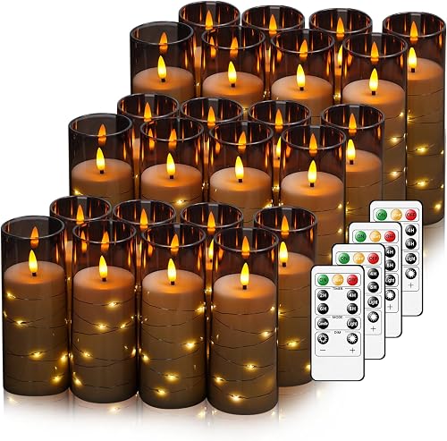 Nimiko Flickering Flameless LED Candles,Battery Operated Candles 24 Pcs with Embedded Star String,Acrylic LED Pillar Candles with Remote,Suitable for Home Decoration to Create an Atmosphere (Grey)